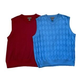Bundle 2 Saddlebred Cotton Golf Preppy Sweater Vests Blue, Red, Diamond L